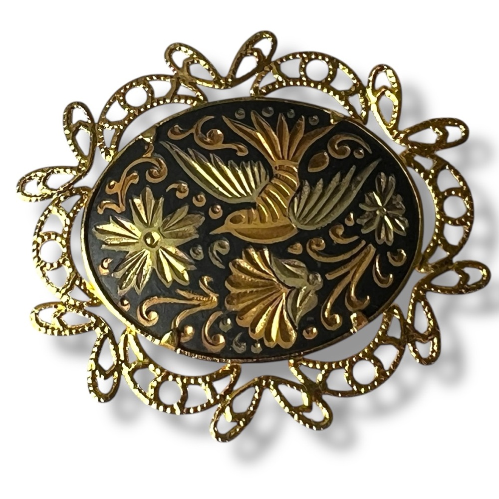 Renaissance Style Damascene Floral Birds Gold and Black Filagree  Oval Brooch